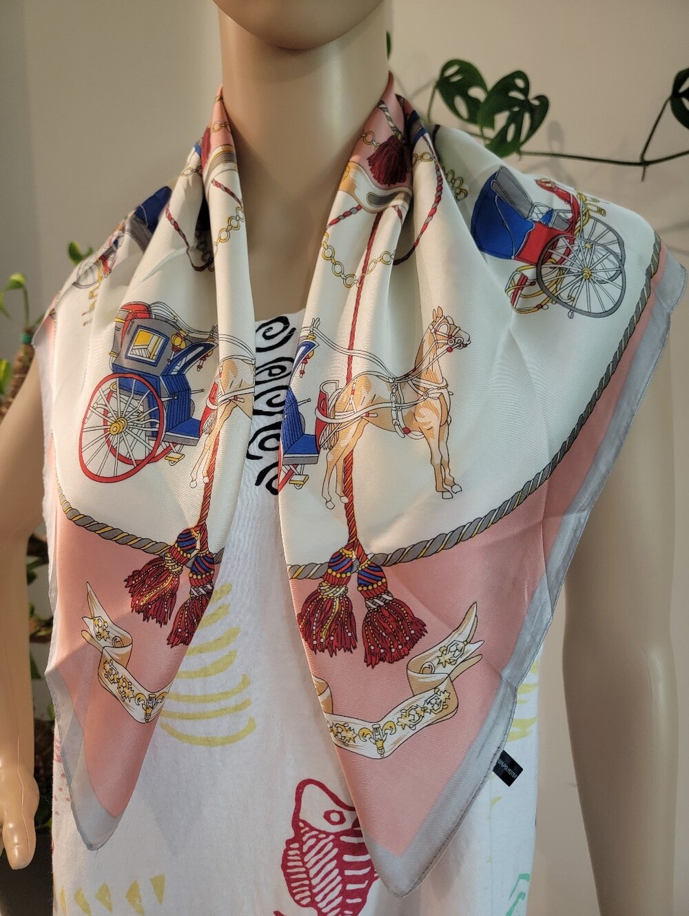 Silk-Effect Pink & White Carriage Print Scarf